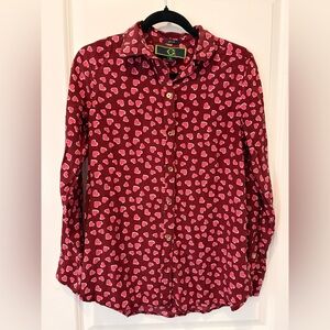C. WONDER 100% Silk Heart Print Collared Button Down Blouse, Size Small